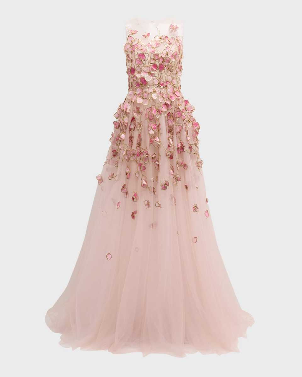 Sleeveless Organza Orchid Embroidered Illusion Gown